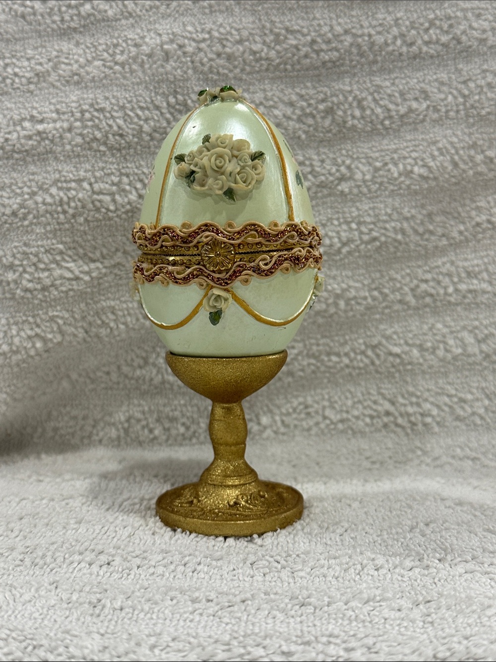 Decorative Ivory Jeweled Egg Trinket on Gold Stand